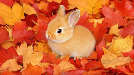 A cute little bunny rabbit sitting in a bed of colorful autumn leaves.