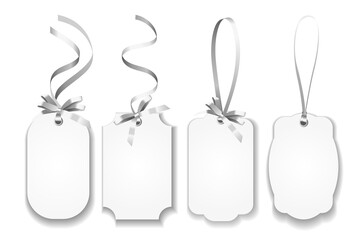 Wall Mural - realistic set of blank paper name tags or coupons with silver ribbons isolated on transparent backgr
