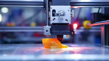 Poster - Witness a cutting edge 3d printer creating a vibrant orange object layer by layer, revolutionizing manufacturing with innovative design and automated precision