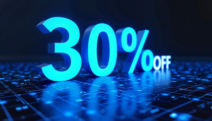 Bright blue discount percentage sign with 30% off on dark digital background with copy space