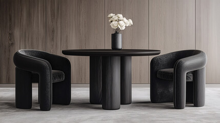 Elegant minimalist dining setup with two velvet chairs, a round dark wood table, and a single vase with white roses in soft natural light