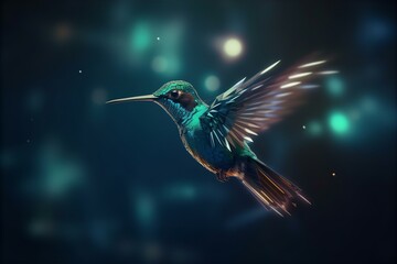 the image shows a colorful hummingbird in flight, hovering near a branch, with vibrant feathers and 