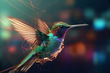 the image shows a colorful hummingbird in flight, hovering near a branch, with vibrant feathers and 