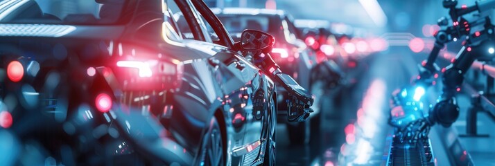 Aufkleber - Robotic arms meticulously perform various assembly tasks on vehicles in a state-of-the-art automotive factory setting. Generative AI