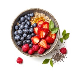 Sticker - Bowl of nutritious oat porridge topped with fresh berries and mint. A healthy start to your day, showcasing vibrant colors and appealing textures. Ideal for breakfast lovers. AI