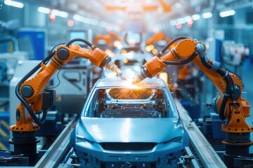 Poster - Robotic arms perform precise welding tasks on a car assembly line, showcasing advanced automation in a dynamic manufacturing environment. Generative AI