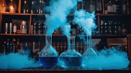 Poster - An experiment in progress with chemical reactions bubbling in Erlenmeyer flasks, releasing vapors.