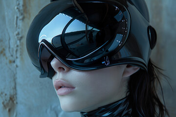 Poster - Fashion model person wearing futuristic shiny glamorous VR goggles watching cyberpunk video, Generative AI