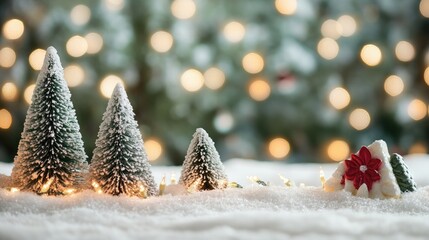 Wall Mural - Snowy landscape with decorated Christmas trees in the background. Copy space above.