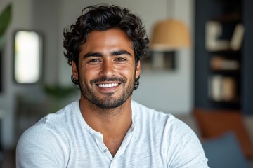 Headshot portrait of attractive confident indian Hispanic man with toothy smile looking at camera at modern living room. Latin businessman posing in casual stylish look at home