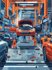 Aufkleber - Workers are engaged in the detailed installation and inspection of car interiors on the factory floor, ensuring quality and precision. Generative AI