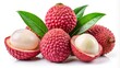 © Curie - Isolated Lychee Fruits Whole, Half, and Peeled with Leaves on White Background - Fresh Tropical Delicacy for Culinary and Health Uses