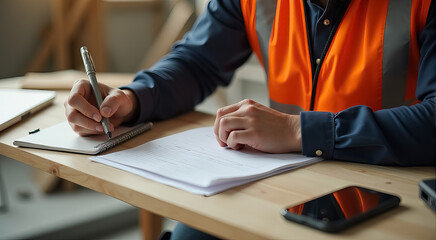 A man in an orange safety vest is writing in a notebook