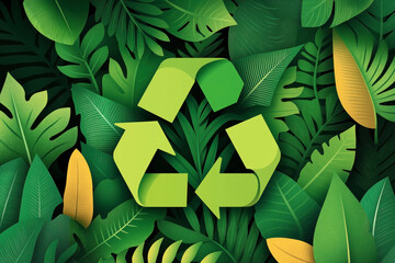 Canvas Print - Illustration of a green recycling symbol surrounded by various overlapping tropical leaves, emphasizing environmental conservation and eco-friendly practices.