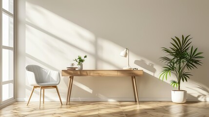 Wall Mural - Minimalist home office with beige tones, empty wall mockup, modern chair and desk lamp on a white background, contemporary interior design concept