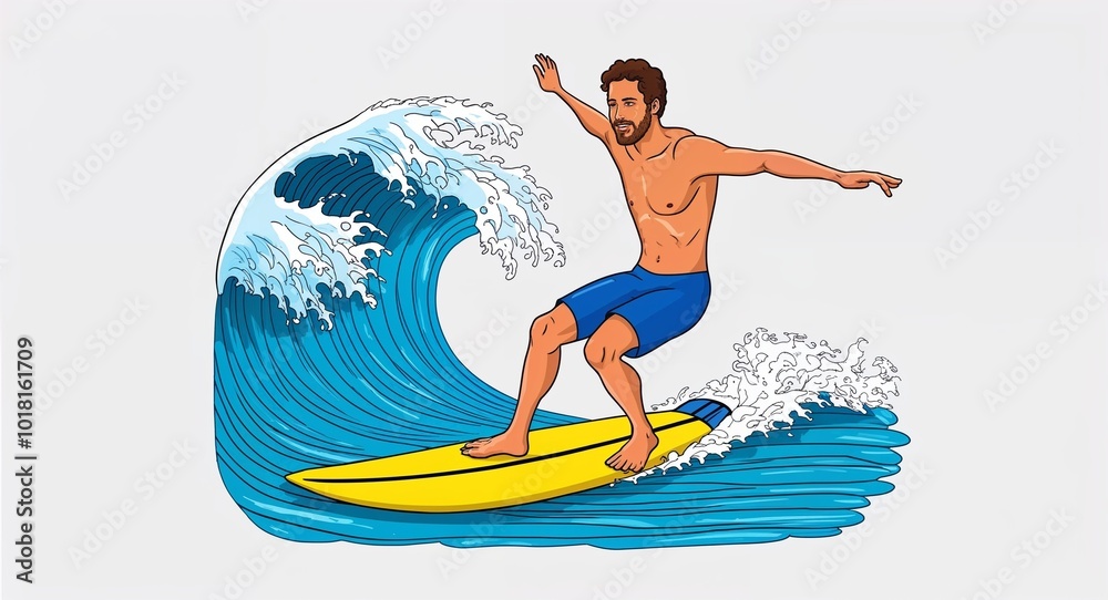 Hand drawing clipart of a man surfing on large wave on plain white ...