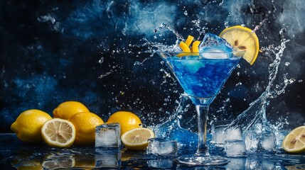 A blue cocktail in a martini glass with a lemon slice and ice cubes, water splashes around it.