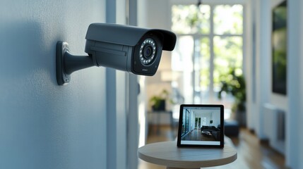 Indoor home security camera monitoring modern living room with digital tablet display