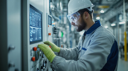 A technician in safety gear is working on an industrial control panel, maintaining a frequent focus on the screen of a digital display. The white and grey machine with buttons and