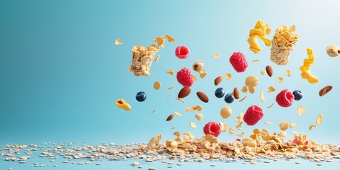 Colorful assortment of healthy snacks and fruits in motion against a vibrant blue background, creating a lively scene.