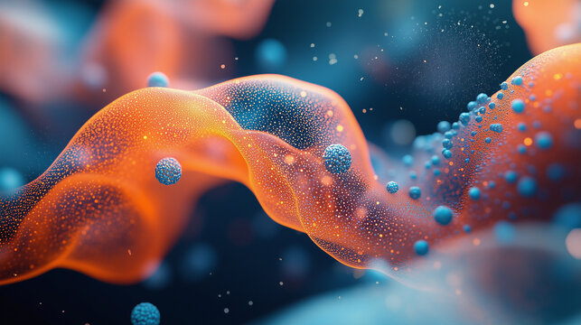 3D rendering of the orange and blue cells in an advanced medical illustration, showing organic structures with translucent cells and small spheres on them. The background is dark b