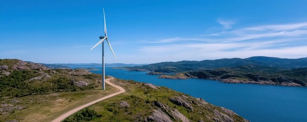 wind turbines towering over rough northern seas and rocky shores, symbolizing green energy productio