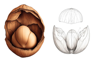 Poster - Digital illustration comparing a realistic and a line-drawing representation of a cracked nutshell revealing the seed inside, on a white background.