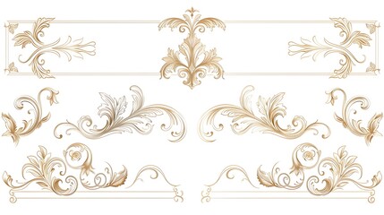 Poster - Elegant Scrolling Baroque Inspired Line Frame Set with Delicate Curls and Loops on White Background