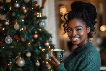 Beautiful African-American woman holding a cup of coffee next to a Christmas tree. Ai