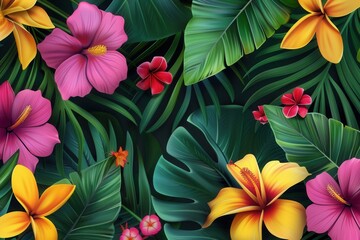 Wall Mural - A rich assortment of large green tropical leaves and blooming vibrant flowers fills the garden, showcasing nature's beauty and vitality. Generative AI