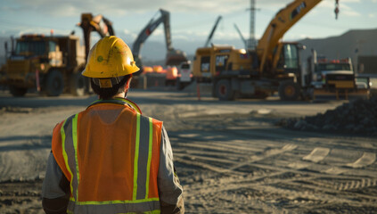 Construction worker manager wearing an orange hi-vis safety vest and yellow hard hat in front of heavy machinery at the site, with trucks and cranes visible in the background. Construction Site