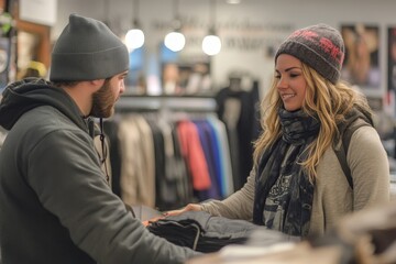 Clothing store owner assisting a female customer at the counter, Generative AI