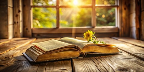 Sticker - An Open Book Resting on a Wooden Table, Sunbeams Streaming through a Window, with a Yellow Flower Adorning Its Pages