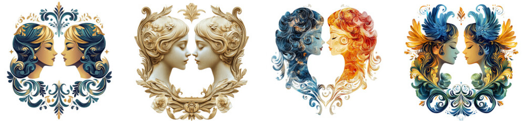 Wall Mural - elegant artistic faces embracing in ornate frames colorful designs transparent background
