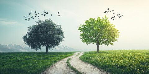 a serene landscape featuring two distinct trees and a path, symbolizing choices and nature's beauty 