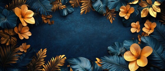 Poster - Golden Tropical Leaves and Flowers on Blue Background