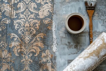 Poster - A decorative wallpaper roll rests beside a paint can and brush on a textured surface ready for home improvement work. Generative AI