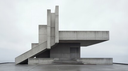 Wall Mural - Brutalist concrete structure with bold angles and minimalist design under a grey sky