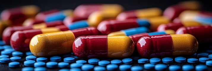 Poster - Closeup view of various colorful pharmaceutical medications in capsule form arranged in a pattern on a dark blue background. Concept of healthcare,medical treatment,pharmacy.