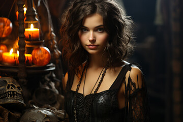 Canvas Print - generative ai picture of beautiful girl dressed in witch costume celebrate happy halloween day