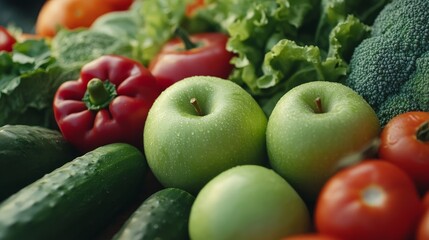 A close-up view of fresh green apples, red peppers, tomatoes, cucumbers, and broccoli.