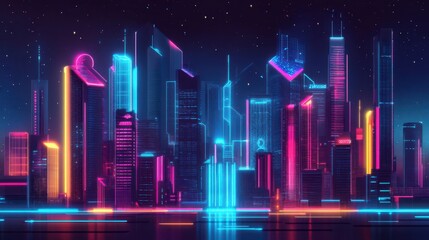 Poster - Futuristic city skyline with glowing neon lights and towering digital structures