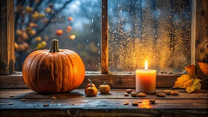 Canvas Print - A solitary candle glows on a rustic window sill, casting warm light on pumpkins and autumn leaves scattered across weathered wood.