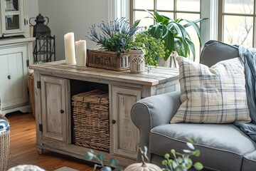 Rustic small side table with two baskets and one door in grey finish, placed near a sofa chair in a warm farmhouse-style living room.