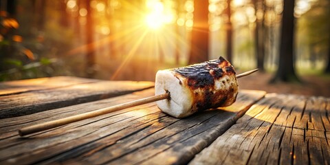 Wall Mural - A perfectly toasted marshmallow on a wooden stick rests upon a weathered wooden table, bathed in the warm golden glow of a setting sun, creating a tranquil scene of simple outdoor enjoyment.