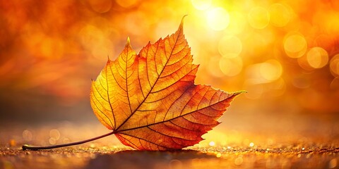 Wall Mural - A single autumn leaf, illuminated by the golden rays of the setting sun, rests on a bed of shimmering dew, its delicate veins and vibrant hues creating a captivating portrait of nature's beauty.