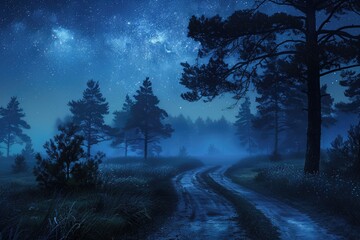 dark blue night dirt road in foggy forest