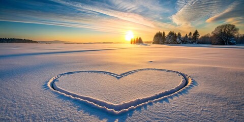 Sticker - A Heart Shaped Mark in a Snowy Field as the Sun Sets Over a Line of Trees in the Distance