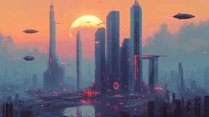 Poster - Futuristic urban landscape with towering skyscrapers and flying vehicles in the sky