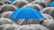 © Theeranan - A single blue umbrella standing above gray umbrellas, symbolizing leadership and business protection.